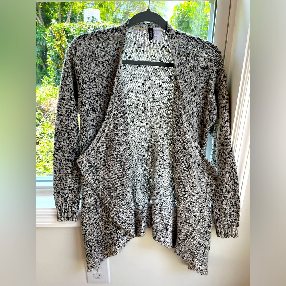 knitted black and white speckled cardigan